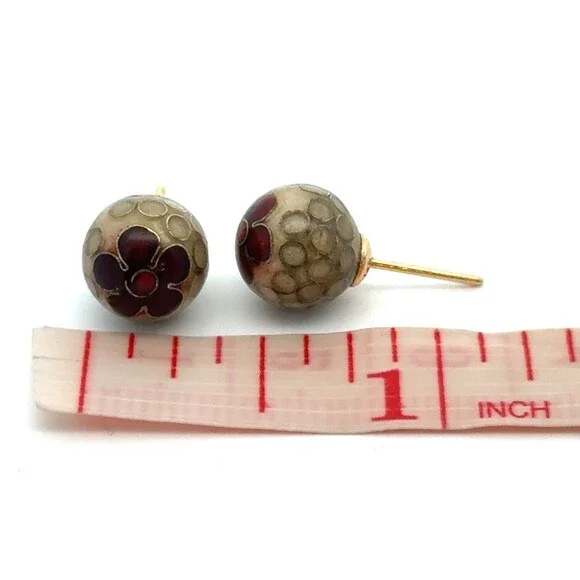 Estate Designer 14k Yellow Gold Round Enamel Red Flower Ball Stud Earrings